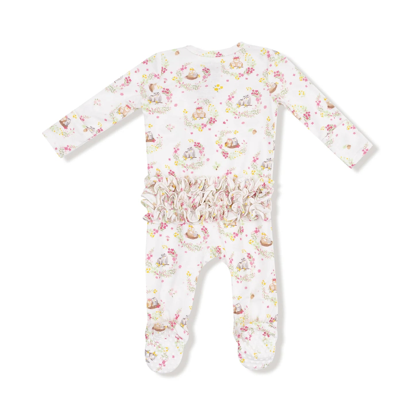 Floral Owls Ruffle Zipper Footie