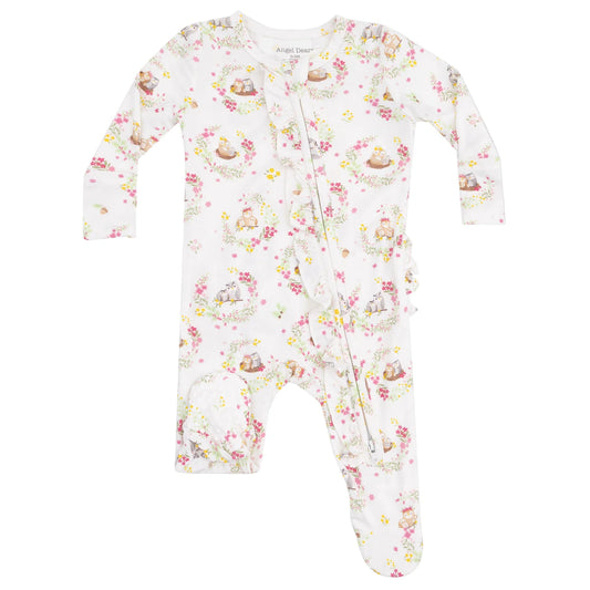 Floral Owls Ruffle Zipper Footie