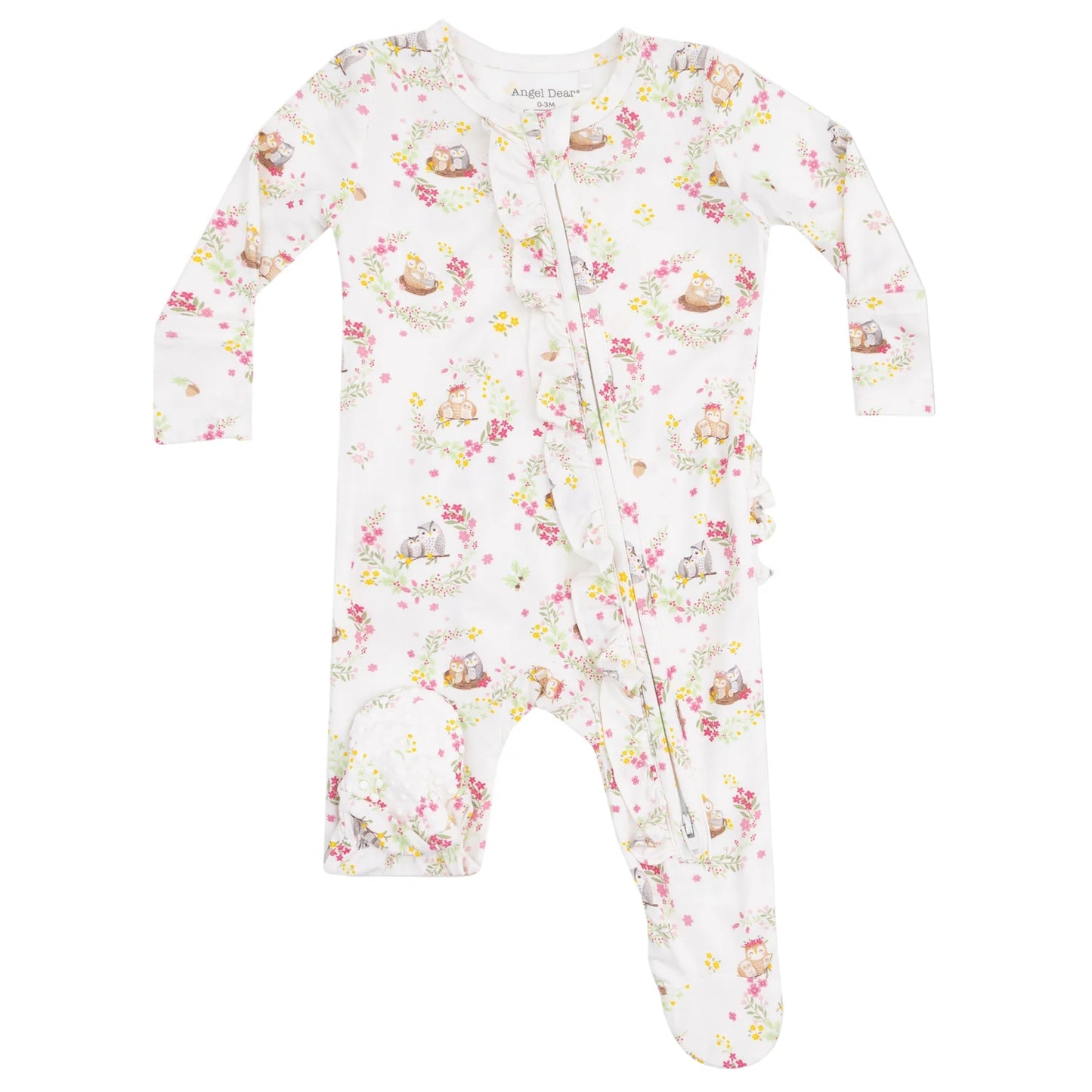 Floral Owls Ruffle Zipper Footie